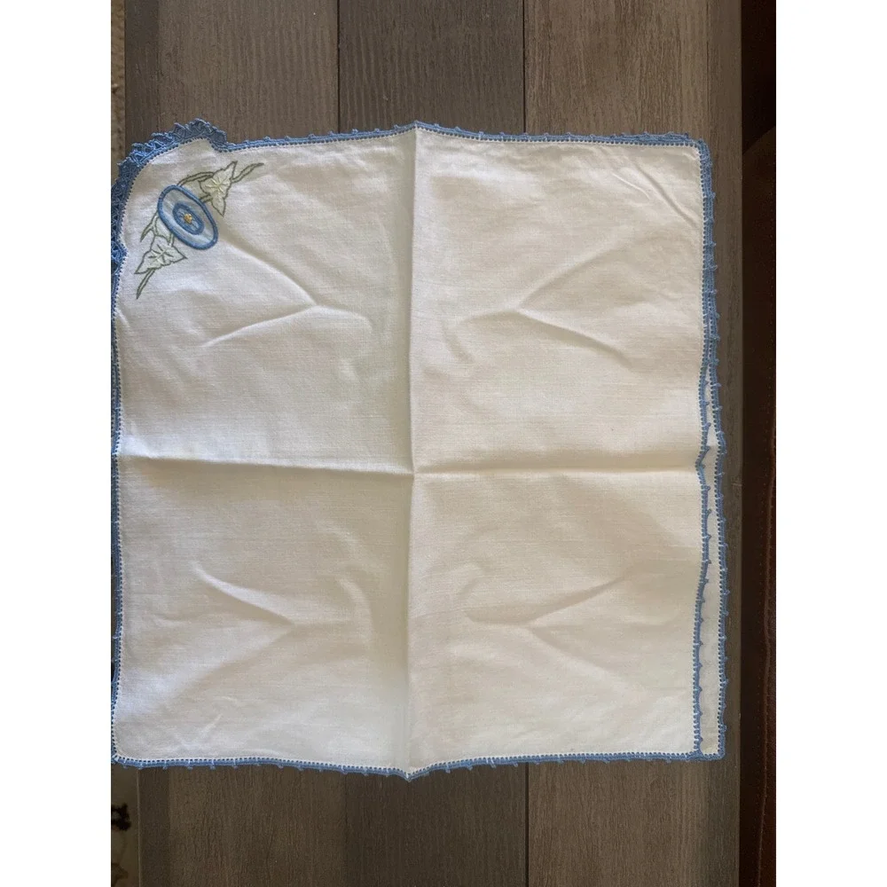 Vintage Hand Embroidered Morning Glory Linen Napkins Blue Crochet Lace Set of 4